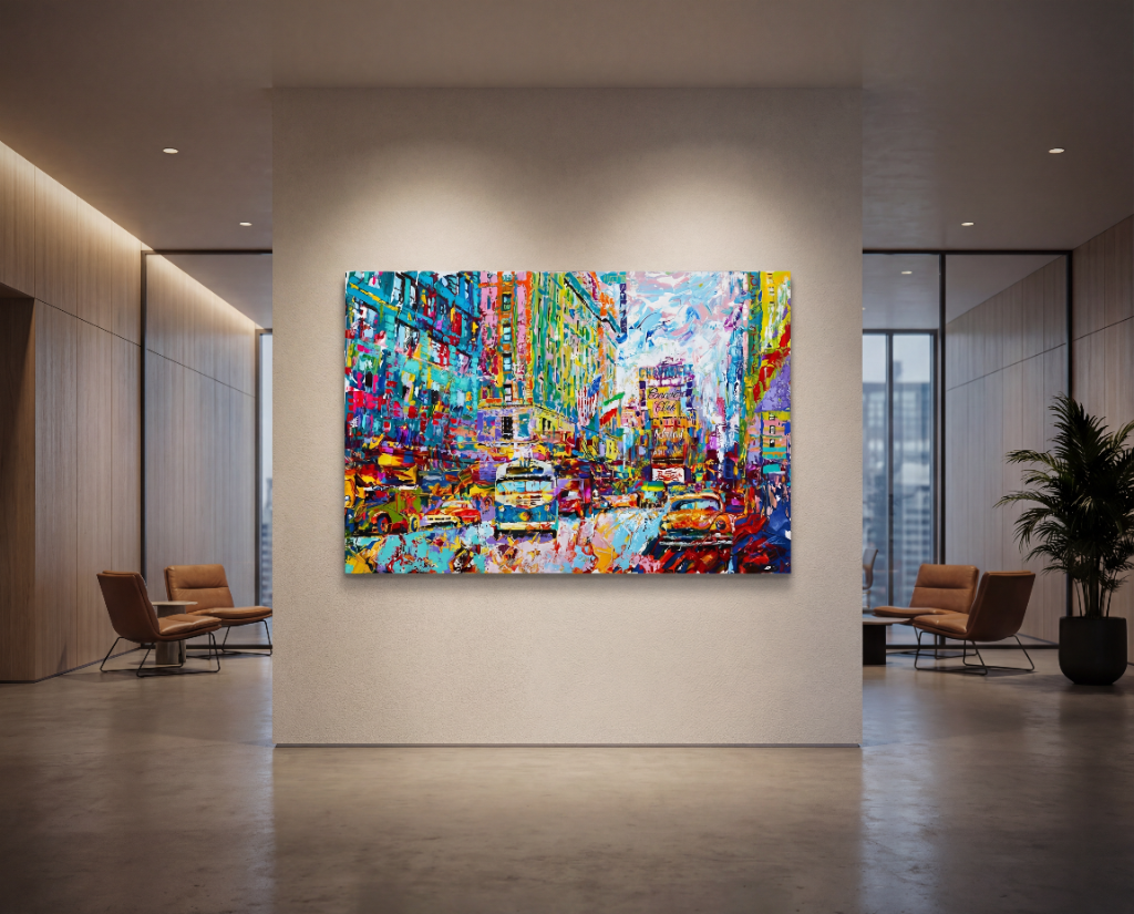 オフィスに飾られたカラフルな都市風景作品